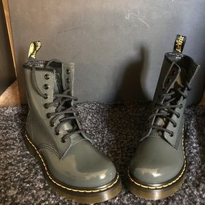NIB Gray Patent Dr. Martens 8 eye UK 4/ US 6